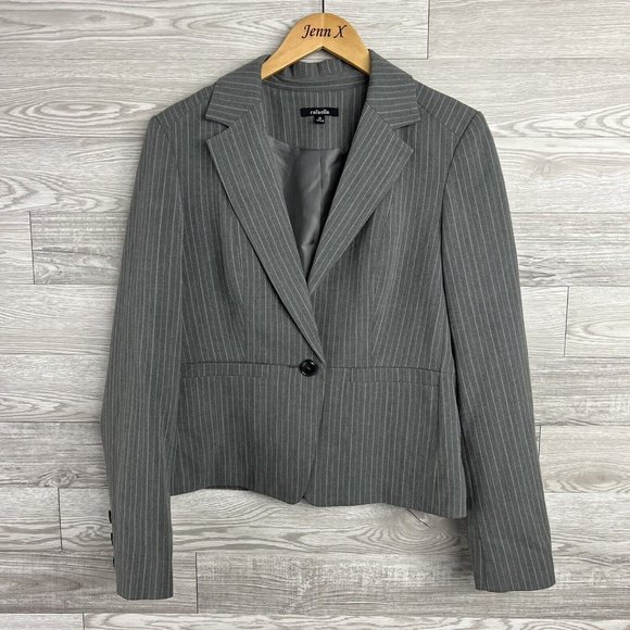 Rafaella Blazer Jacket Women Size 10 Gray Stripe Pockets Long Sleeve Career - Picture 1 of 7